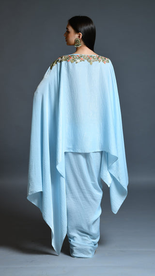 Powder Blue Dhoti Drape Skirt And Cape Set