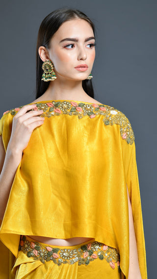 Mustard Yellow Dhoti Drape Skirt And Cape Set