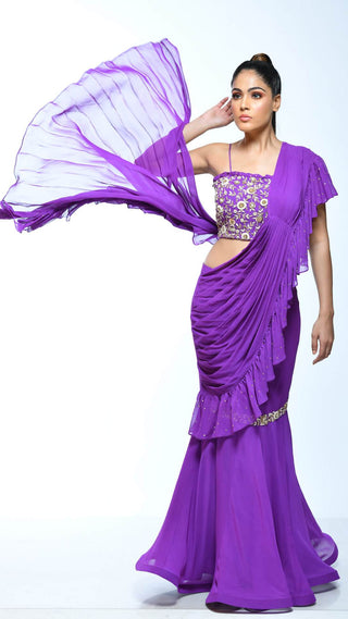 Purple Draped Saree With Embellished Blouse