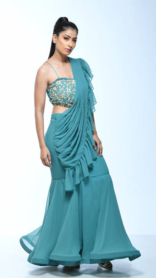 Teal Draped Saree With Embellished Blouse