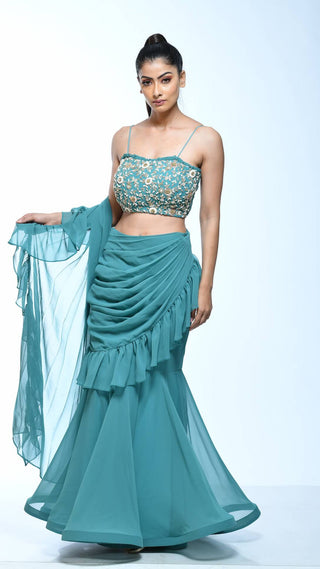 Teal Draped Saree With Embellished Blouse