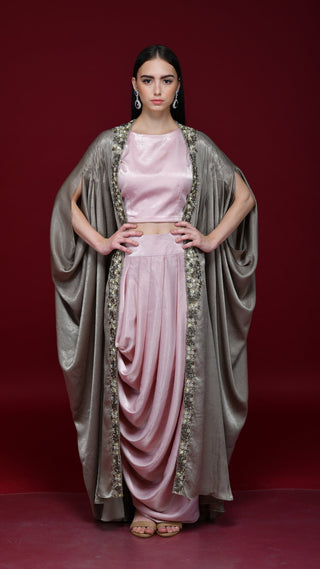 Ash Grey Pale Pink Drape Skirt, Crop-Top And Cape Set