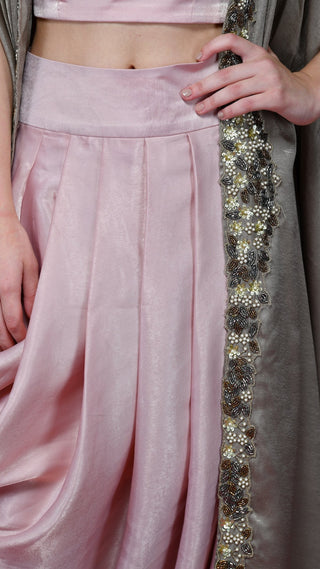 Ash Grey Pale Pink Drape Skirt, Crop-Top And Cape Set