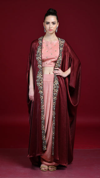 Maroon And Peach Drape Skirt, Crop-Top And Cape Set