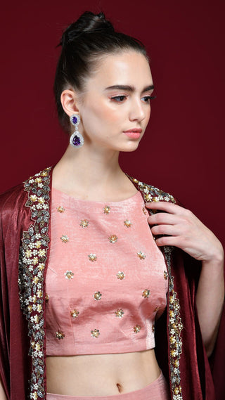 Maroon And Peach Drape Skirt, Crop-Top And Cape Set