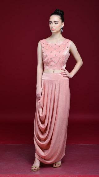 Maroon And Peach Drape Skirt, Crop-Top And Cape Set