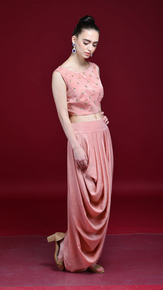 Maroon And Peach Drape Skirt, Crop-Top And Cape Set