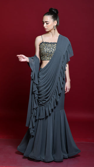 Slate Grey Draped Saree With Embellished Blouse