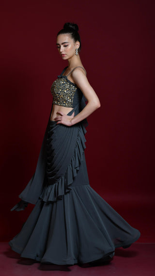 Slate Grey Draped Saree With Embellished Blouse