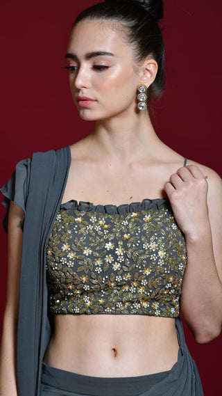 Slate Grey Draped Saree With Embellished Blouse
