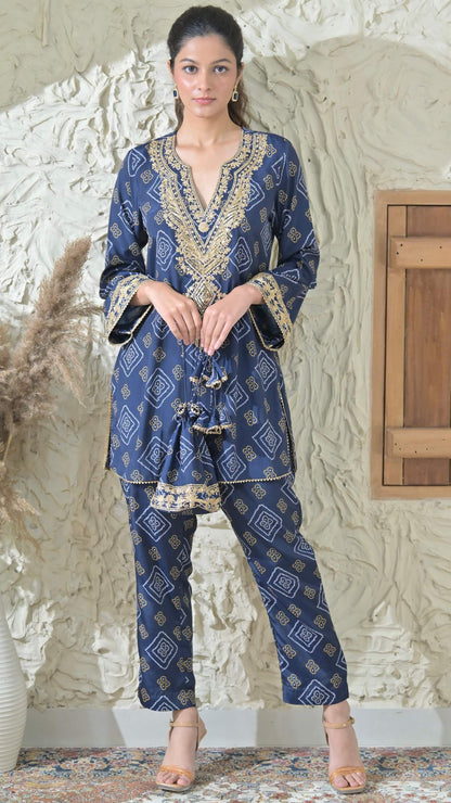 Blue Bandhej Embroidered Co-ord