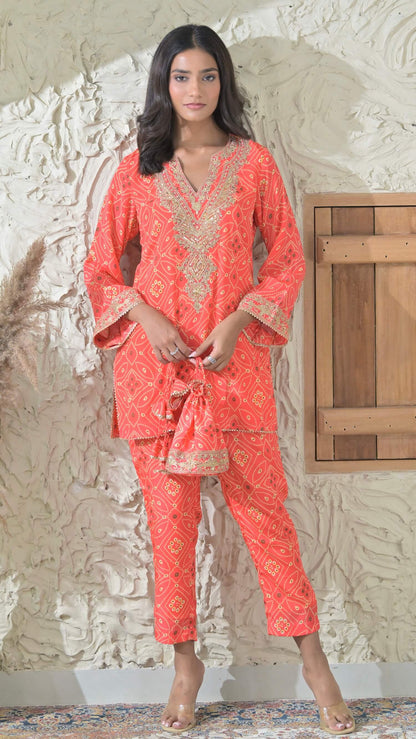 Orange Bandhej Embroidered Co-ord