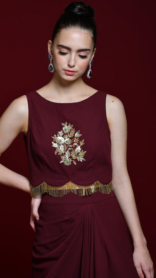 Maroon Satin Drape Skirt And Crop-Top