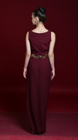 Maroon Satin Drape Skirt And Crop-Top
