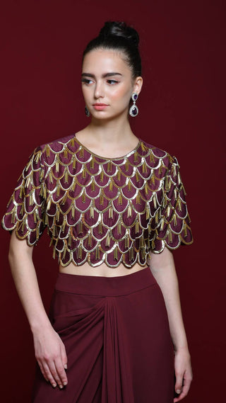 Maroon Drape Skirt And Crop-Top