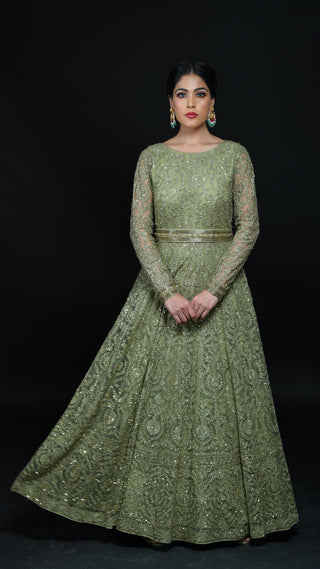 Olive Green Hand Aari Work Embroidered Gown