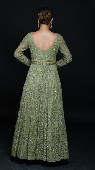 Olive Green Hand Aari Work Embroidered Gown