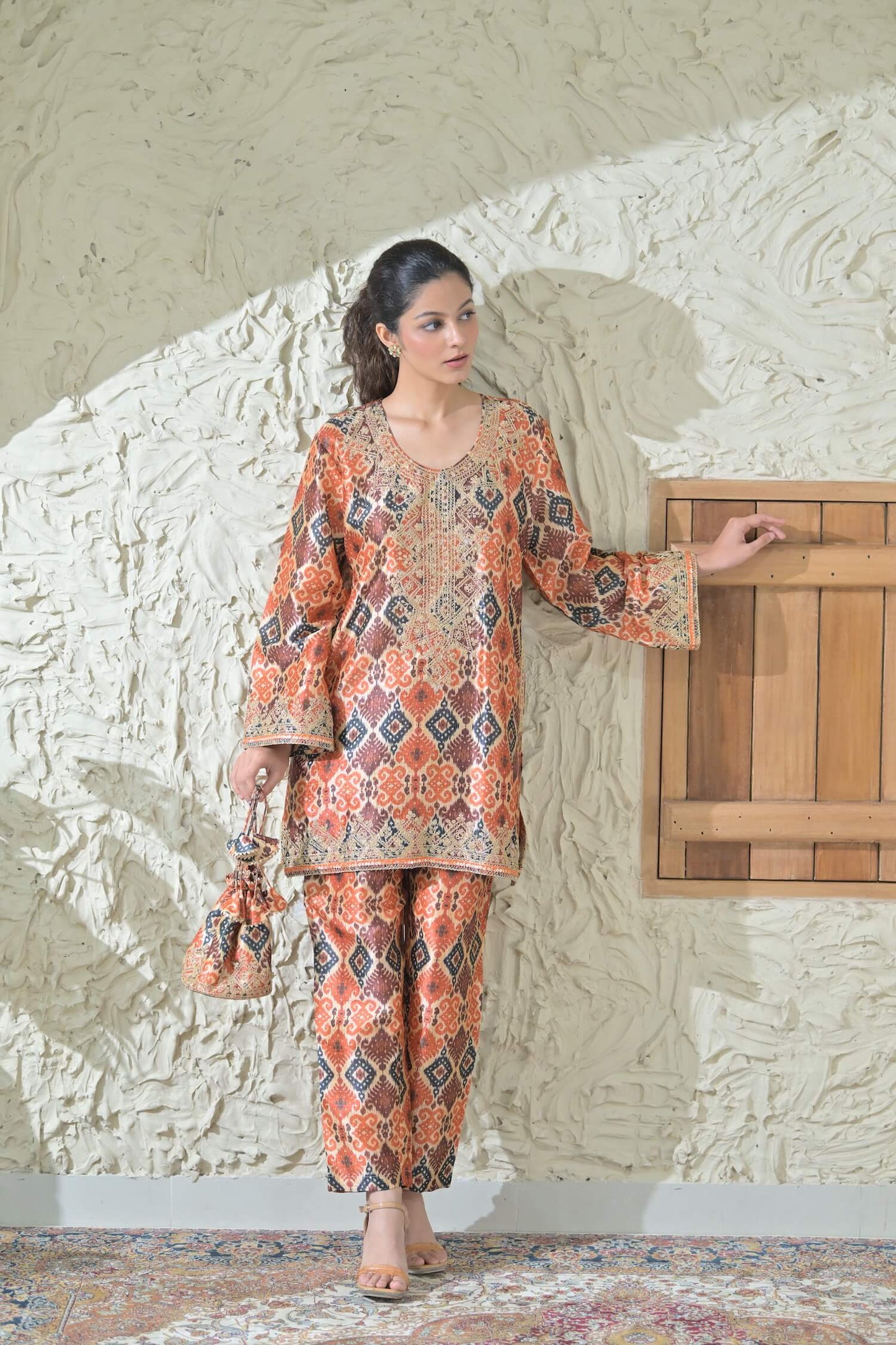 Beige Patola Embroidered Phiran Co-ord