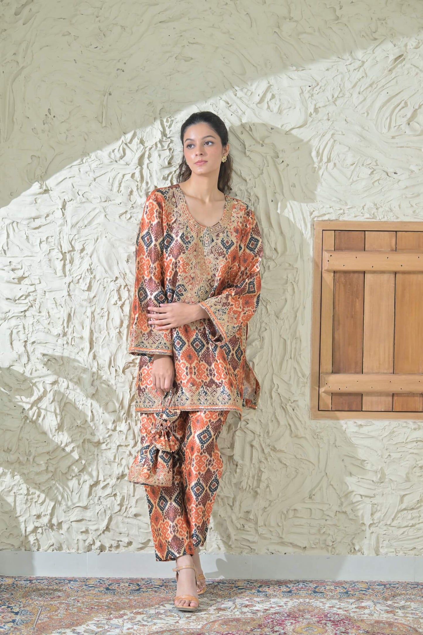 Beige Patola Embroidered Phiran Co-ord