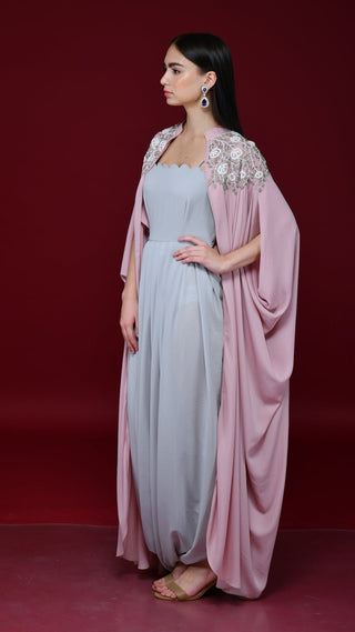 Rose Quartz Pink Light Grey Drape Skirt, Crop-Top Cape Set