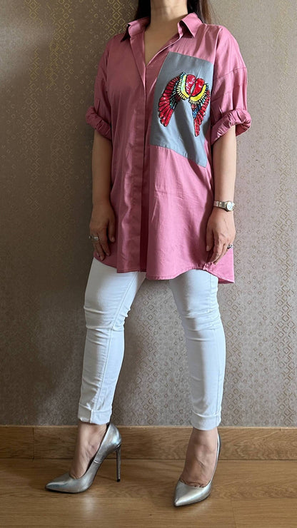 Pink Hand Embroidered Angel Wing Shirt