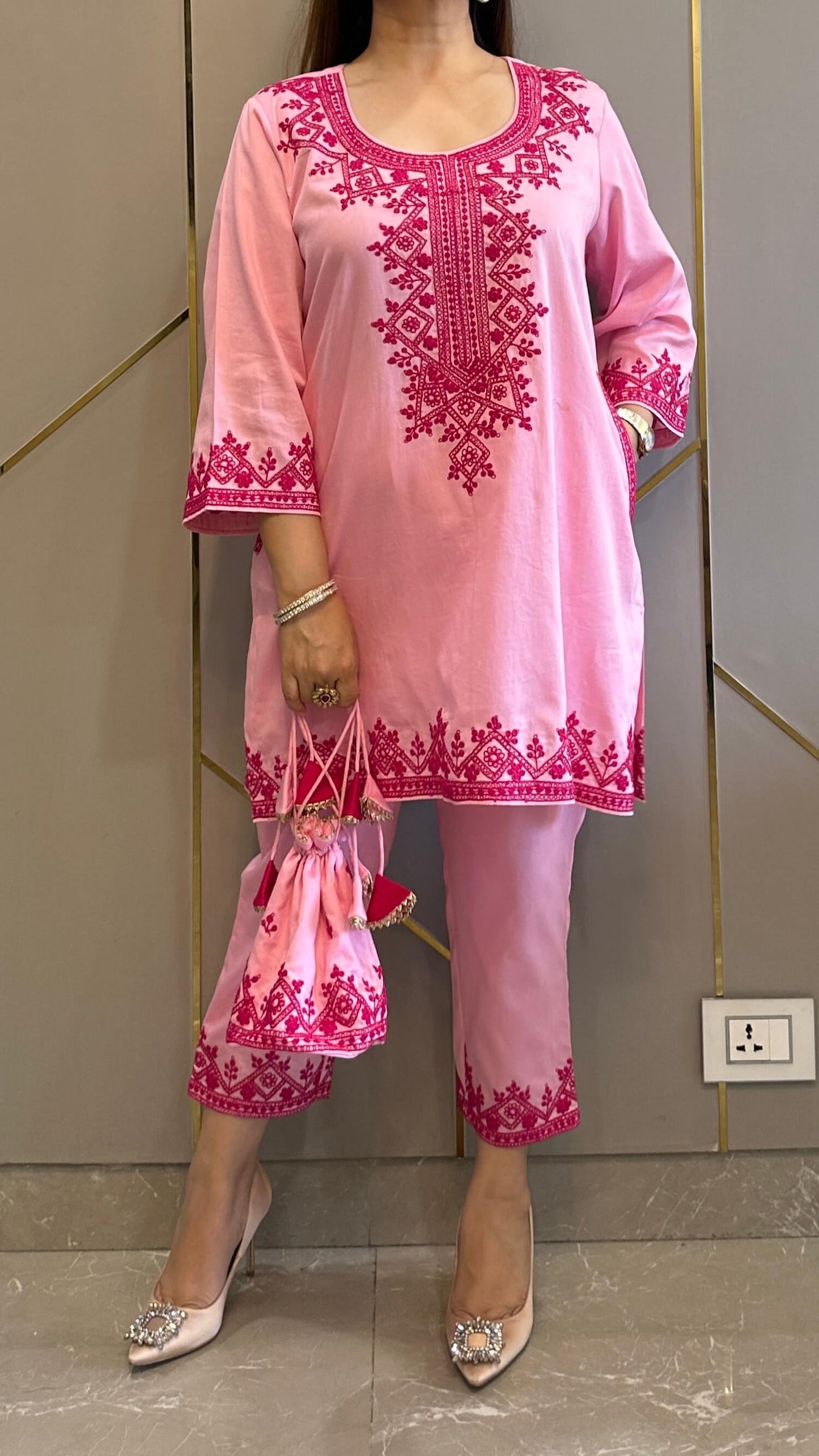 Barbie Pink Kashmiri Phiran Coord with Pants and Matching Potli