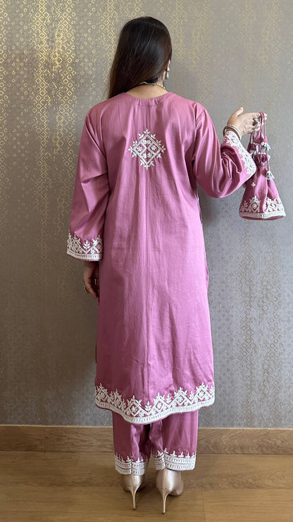 Rouge Pink Kashmiri Phiran with Salwar and Matching Potli