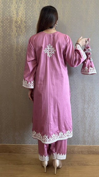 Rouge Pink Kashmiri Phiran with Salwar and Matching Potli