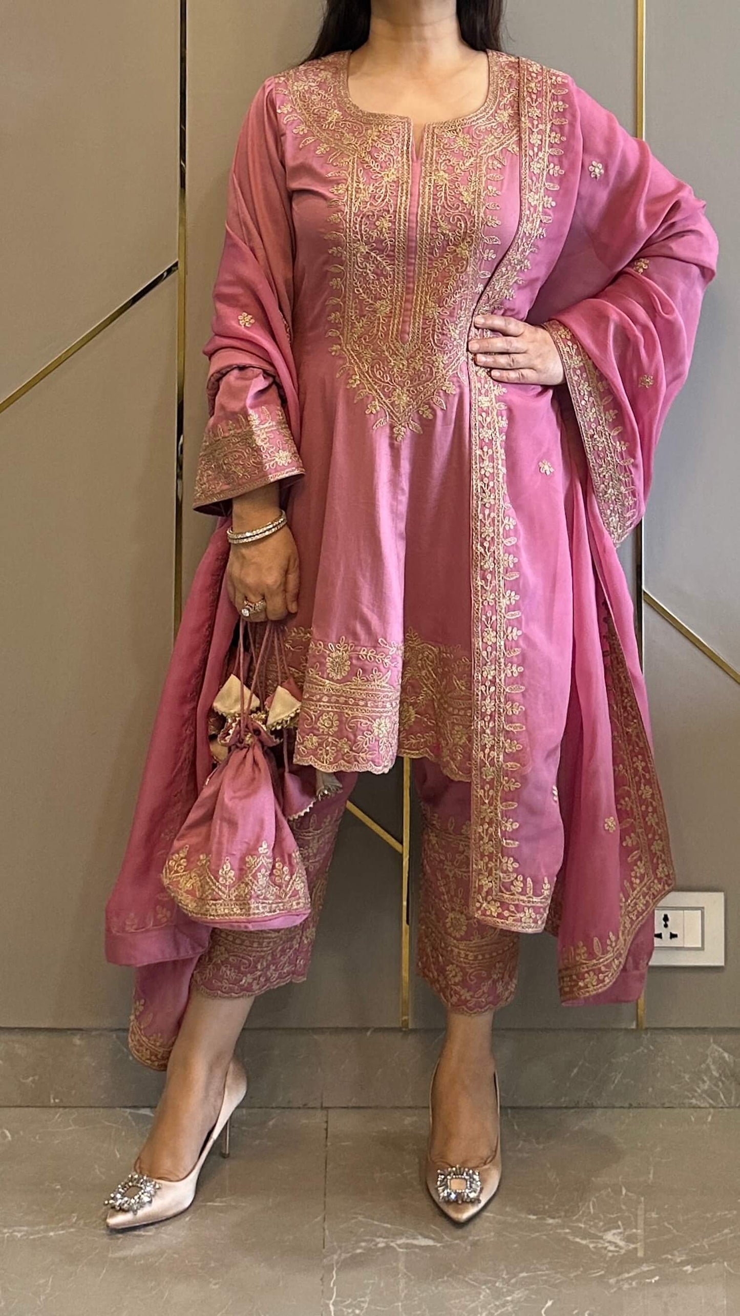 Pink Embroidered Anarkali with Pants and Matching Potli