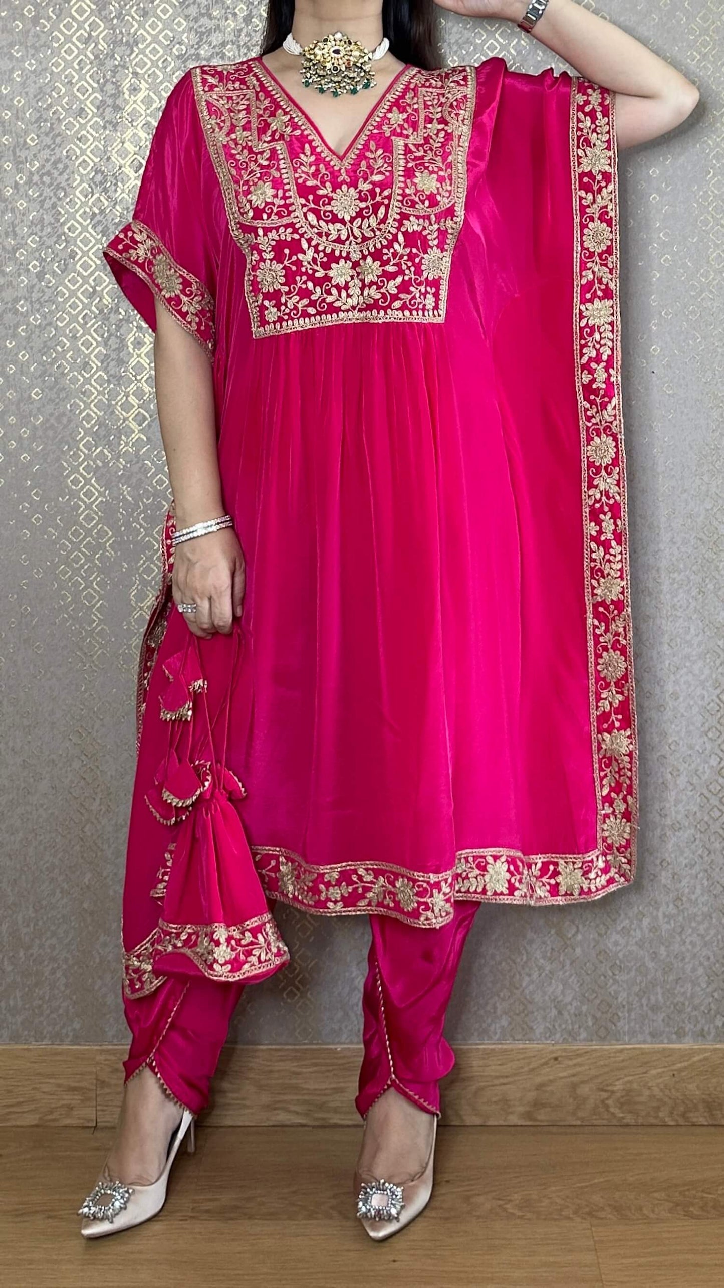Hot Pink Kaftan Co-ord with Matching Salwar and Potli