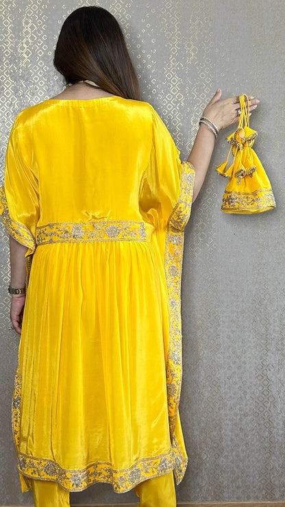 Sunshine Yellow Kaftan Co-ord with Matching Salwar and Potli