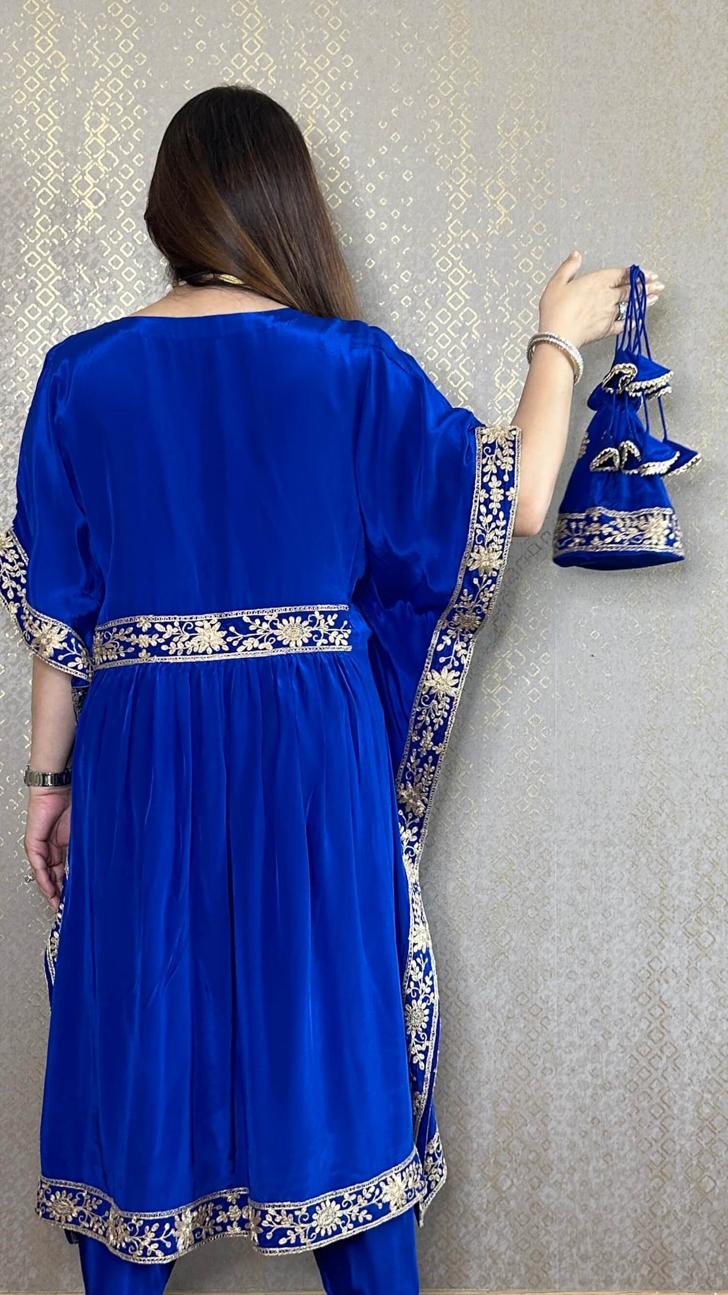 Royal Blue Kaftan Co-ord with Matching Salwar and Potli