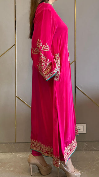 Candy Pink Crepe Kashmiri-Phiran Kurta with Churidar and Matching Potli - Express Delivery