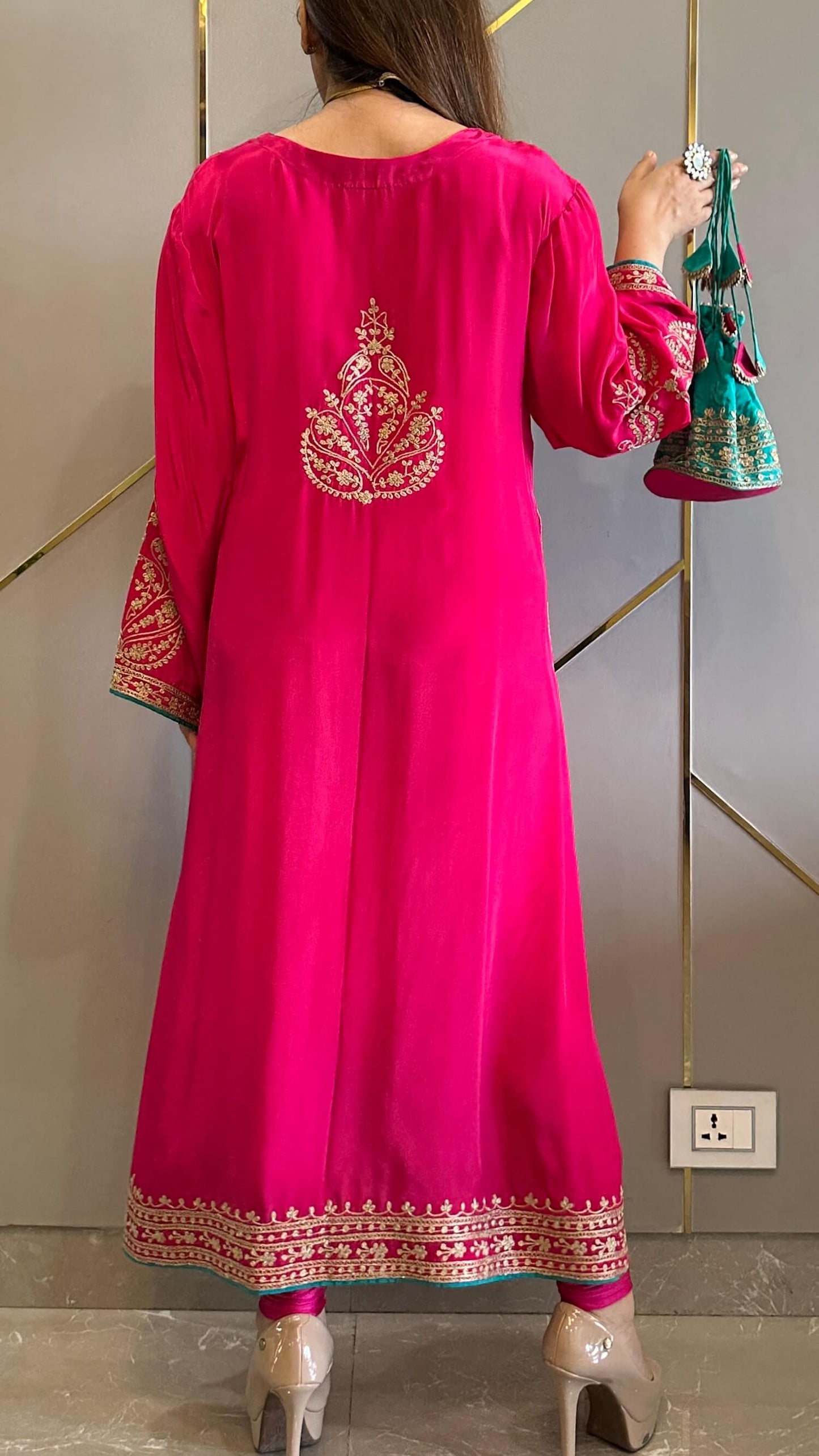 Candy Pink Crepe Kashmiri-Phiran Kurta with Churidar and Matching Potli