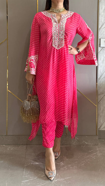 Hot Pink Bandhej Mirror Embroidery Co-ord Set