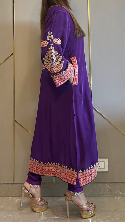 Purple Applique Crepe Kashmiri-Phiran Kurta with Churidar and Matching Potli