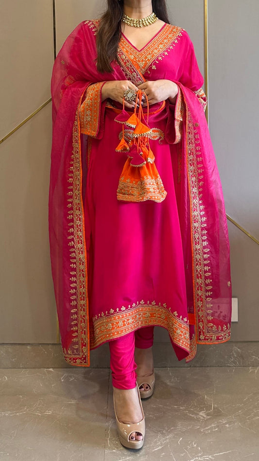 Rani Pink Applique Crepe Kashmiri-Phiran Kurta with Churidar and Matching Potli