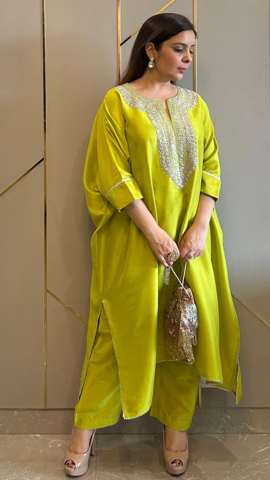 Lime Green Embroidered Kaftan Co-ord