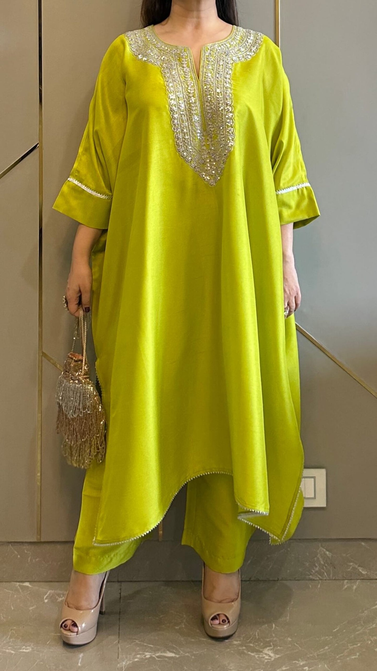 Lime Green Embroidered Kaftan Co-ord