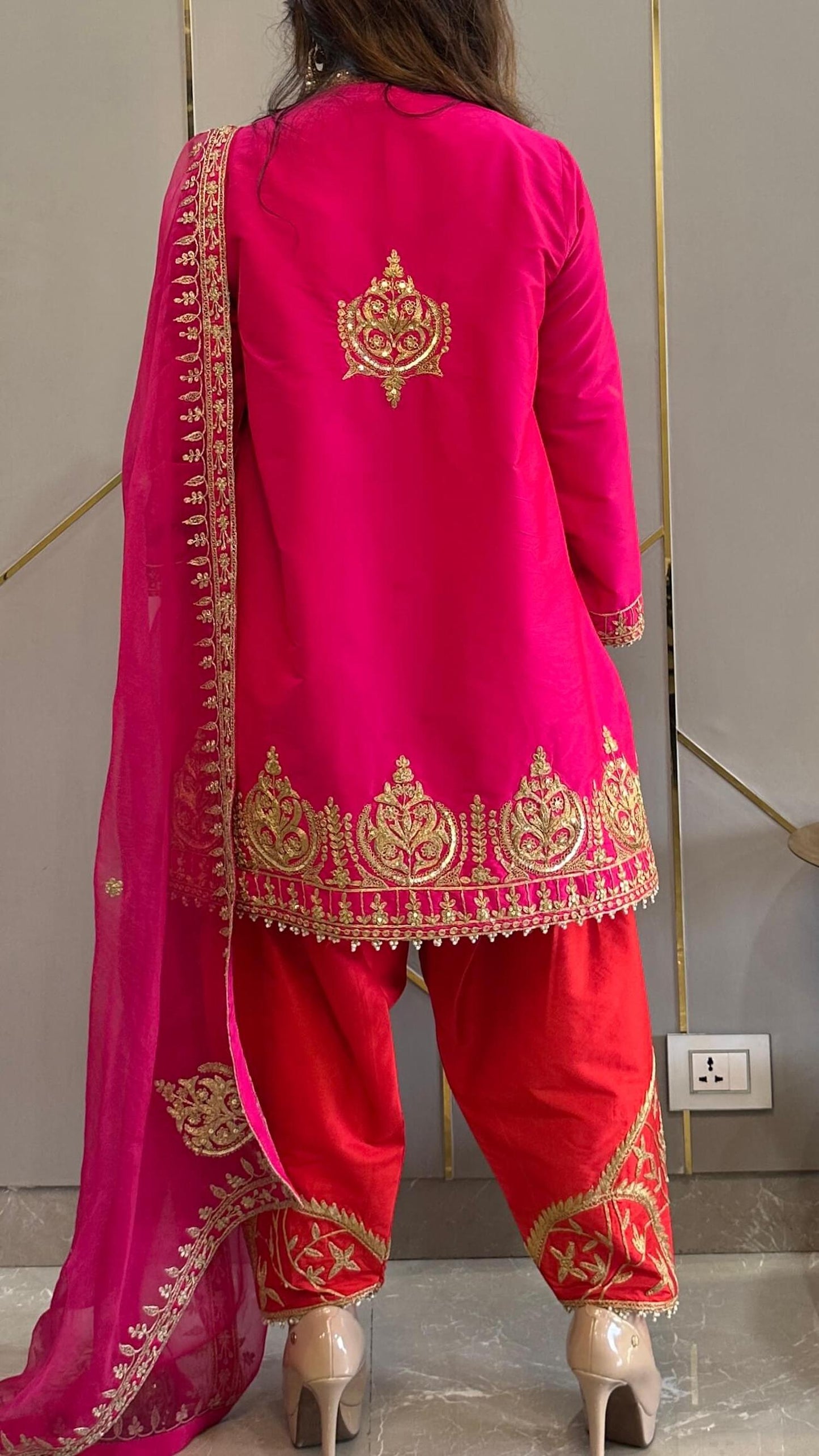 Hot Pink Hand and Dori Embroidered Short Phiran Suit