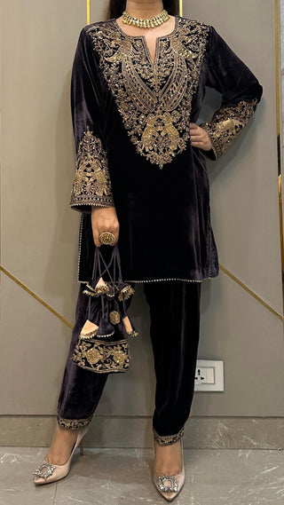 Steel Grey Hand Embroidered Velvet Short Phiran with Salwar and Potli
