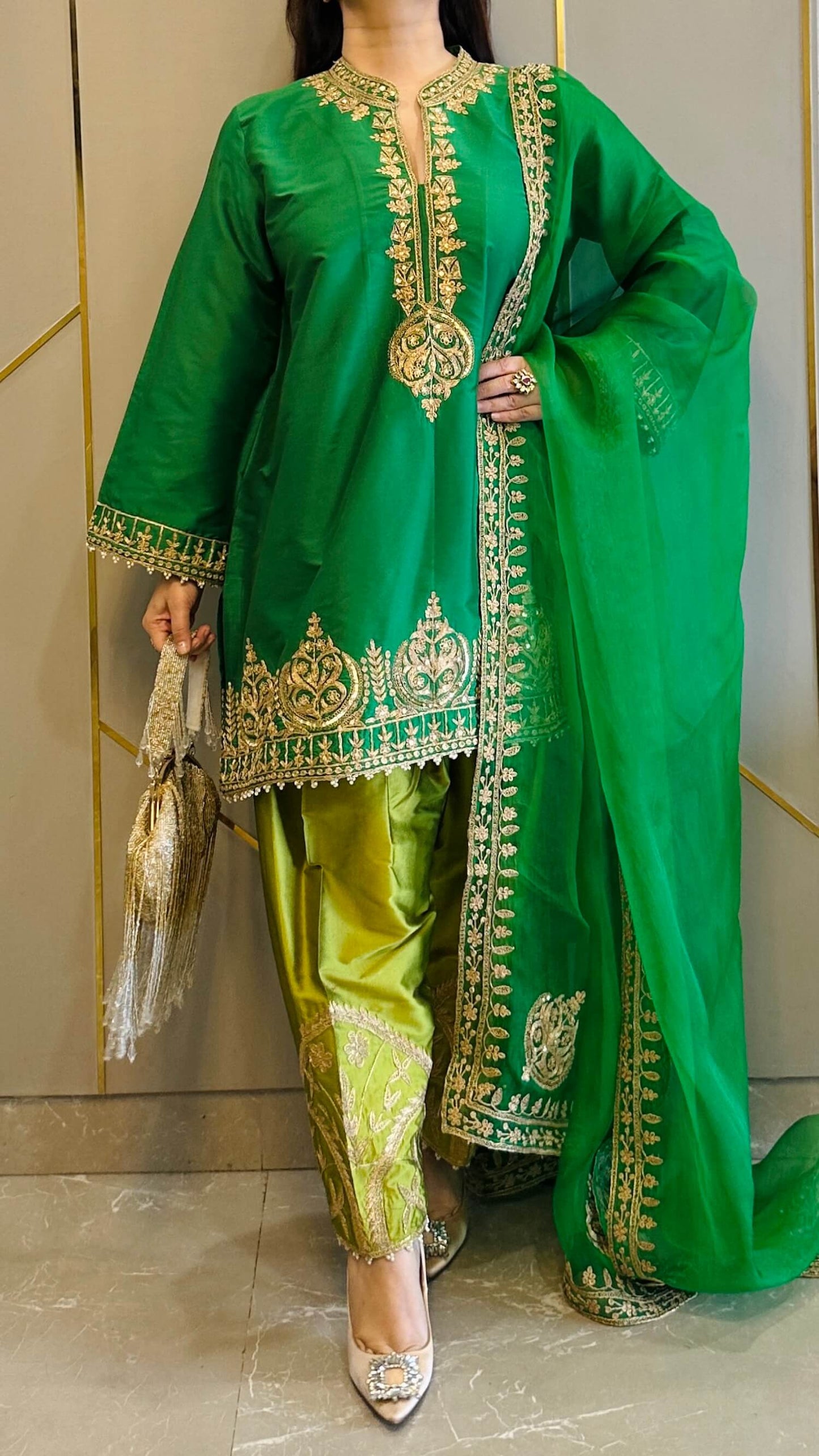 Green Hand and Dori Embroidered Short Phiran Suit