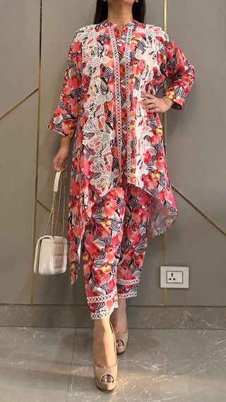 Red Tropical French Lace High Low Linen Co-ord Set