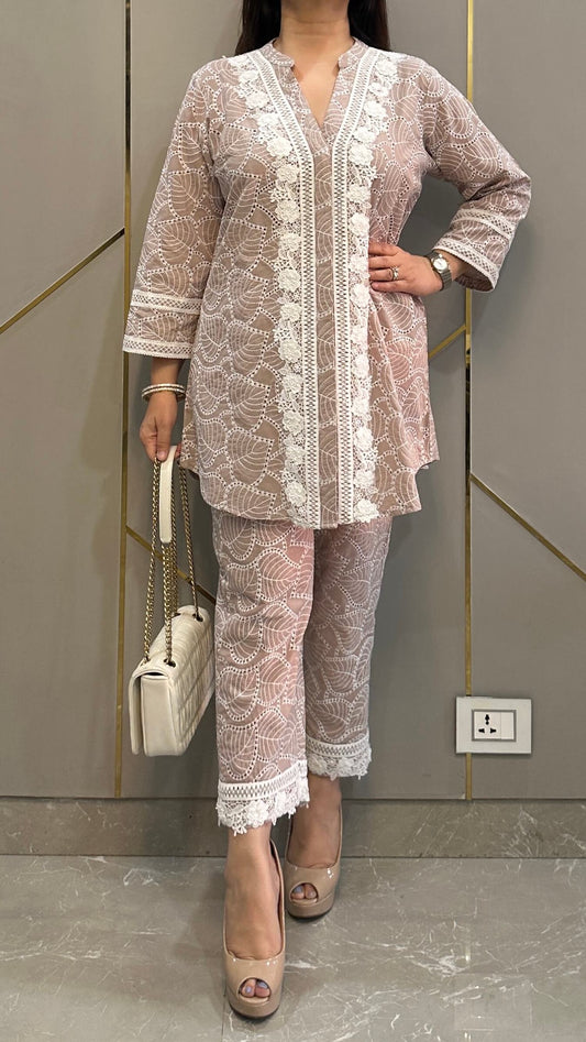 Almond Beige French Lace Chikankari Co-ord Set