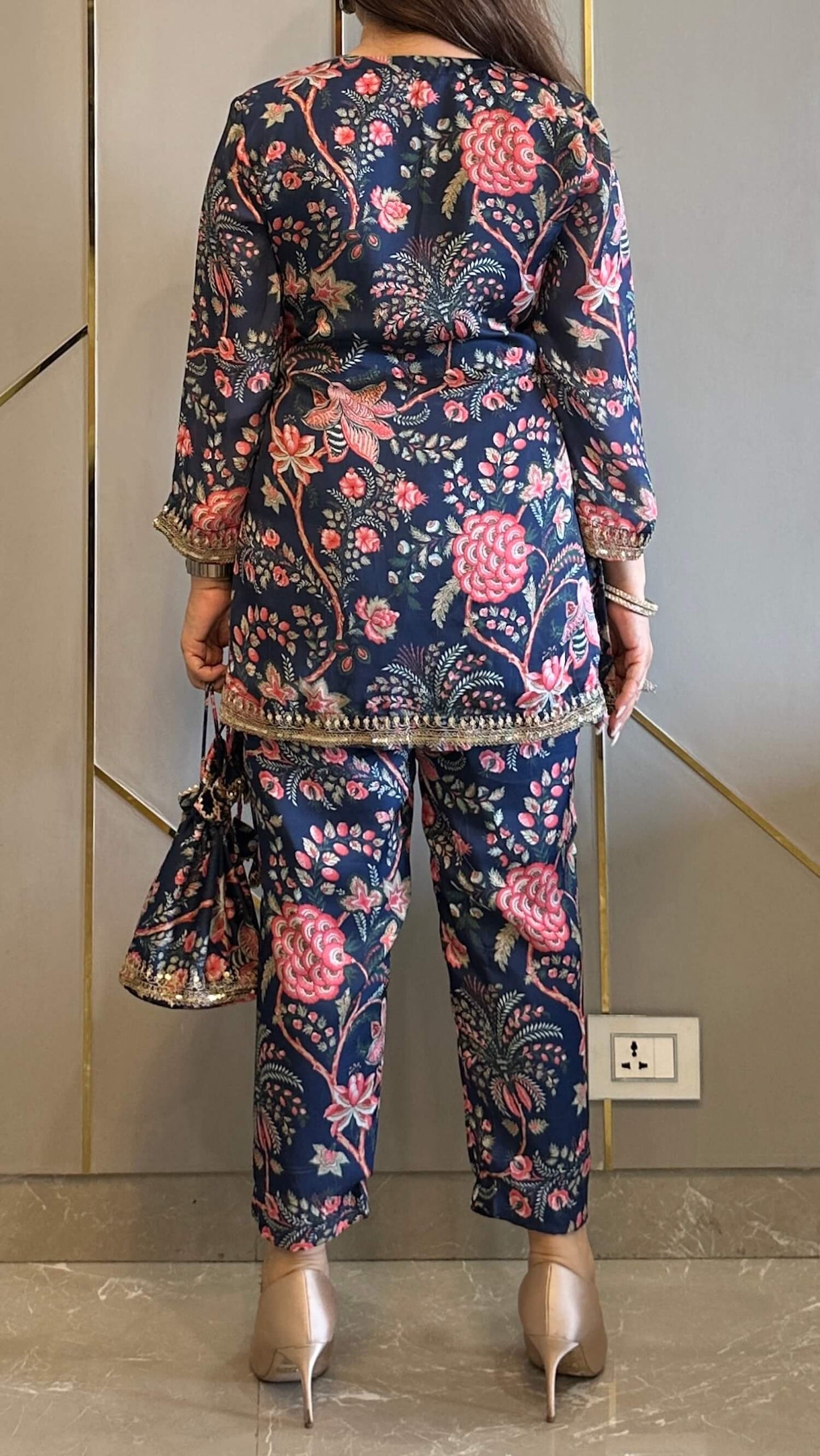 Navy Paisley Phiran Coord with Pants and Matching Potli