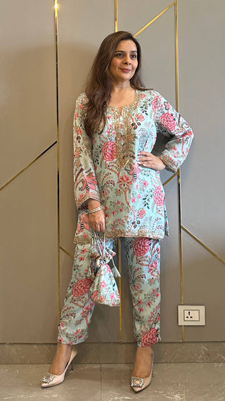 Powder Blue Paisley Phiran Coord with Pants and Matching Potli