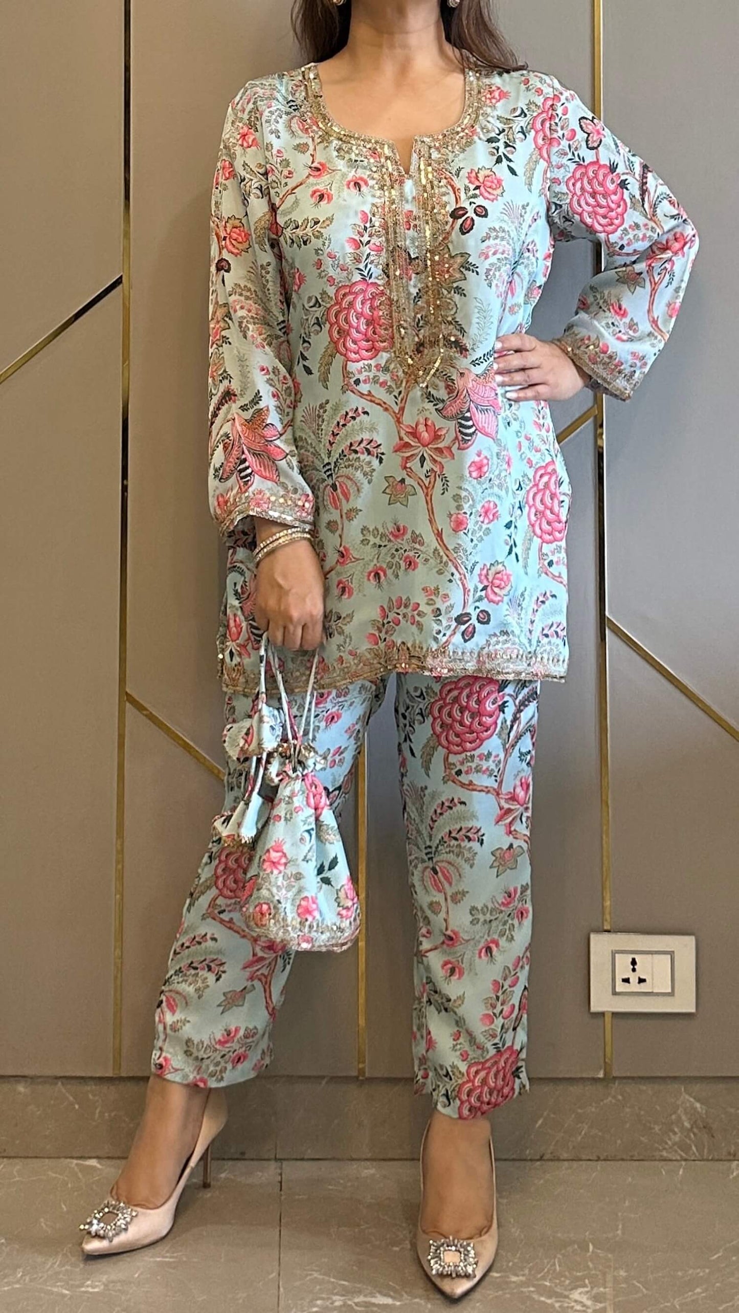 Powder Blue Paisley Phiran Coord with Pants and Matching Potli