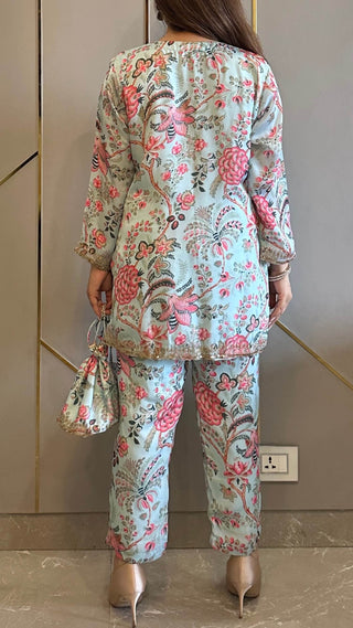 Powder Blue Paisley Phiran Coord with Pants and Matching Potli