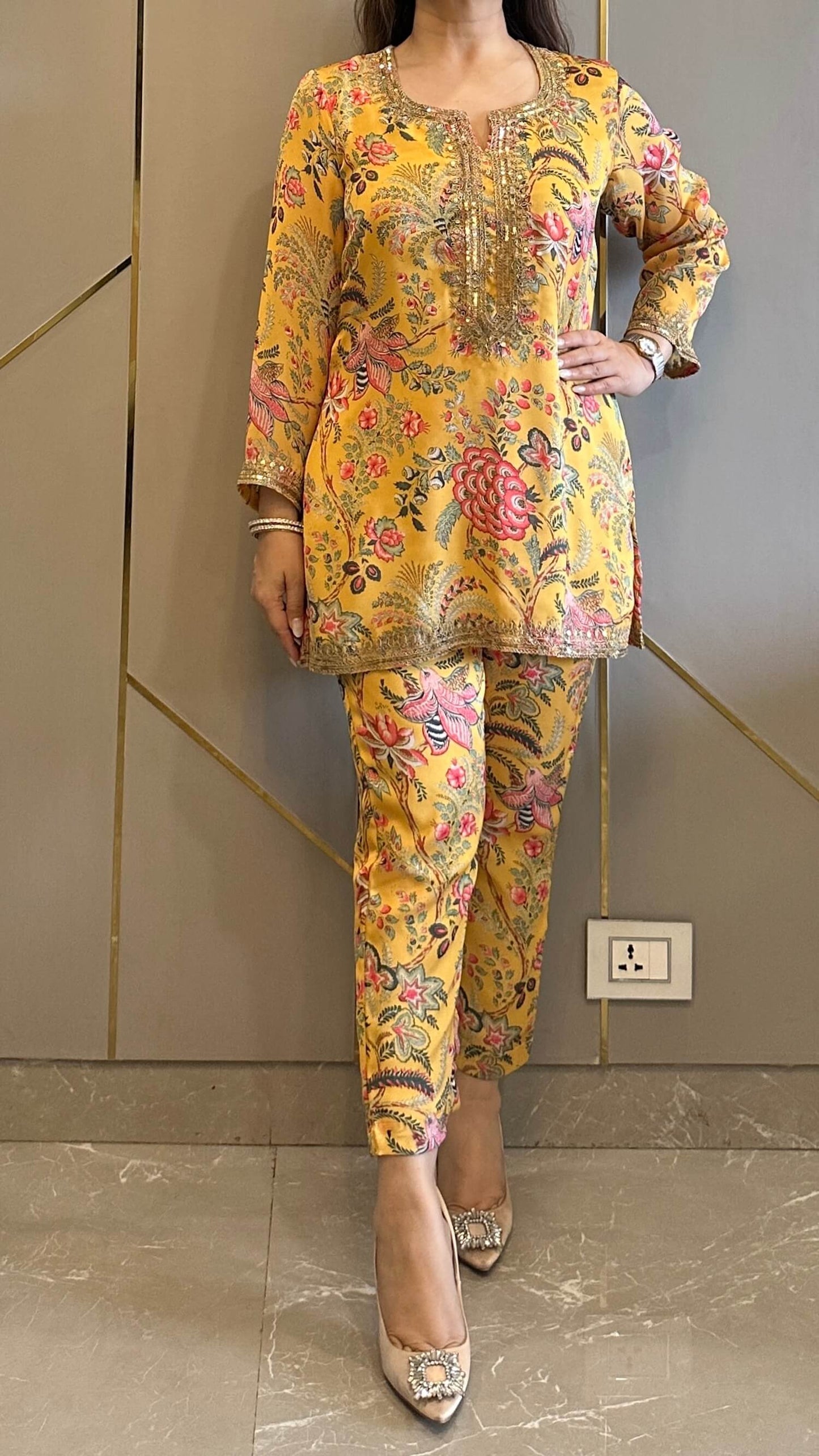 Yellow Paisley Phiran Coord with Pants and Matching Potli