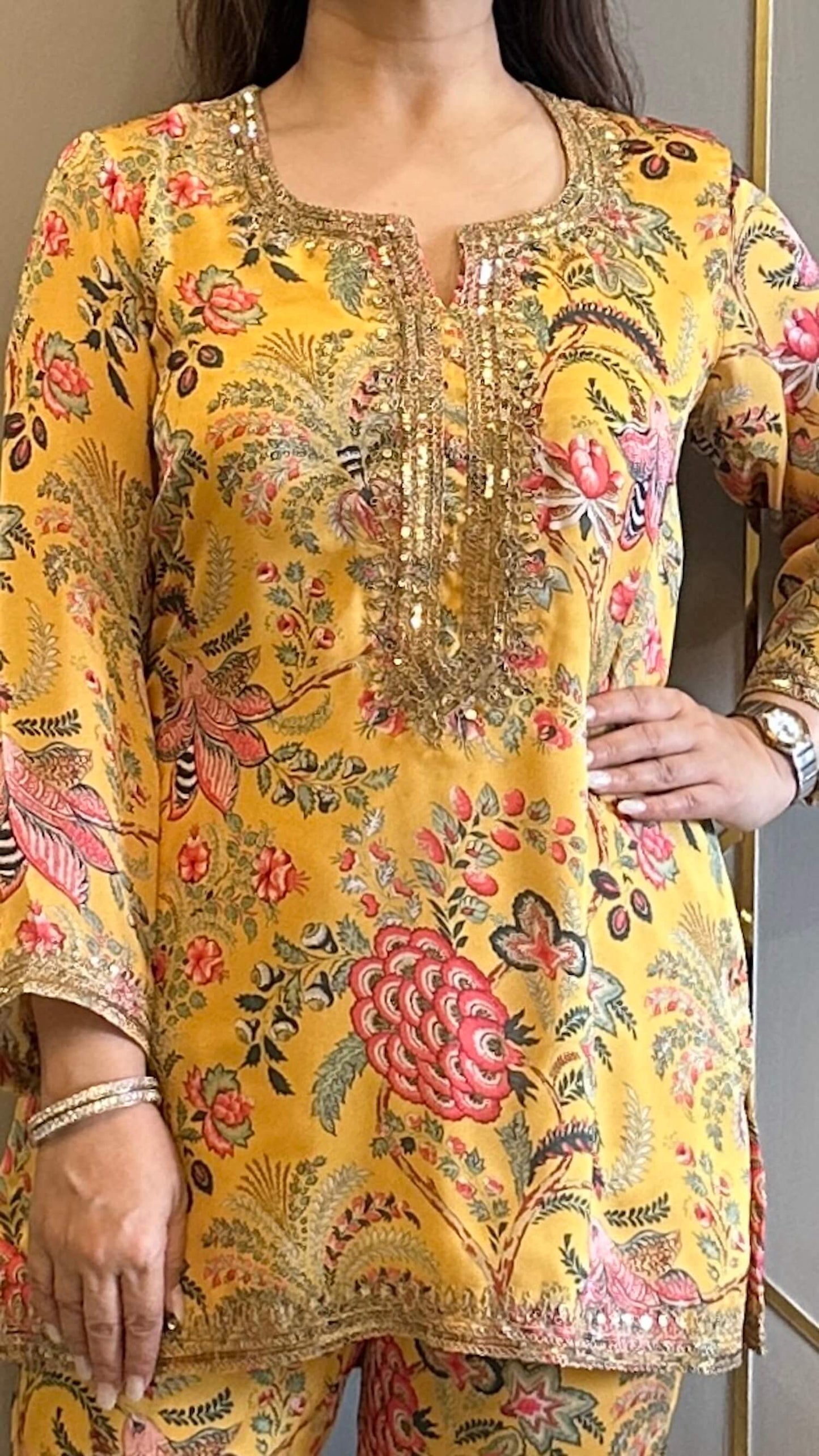 Yellow Paisley Phiran Coord with Pants and Matching Potli